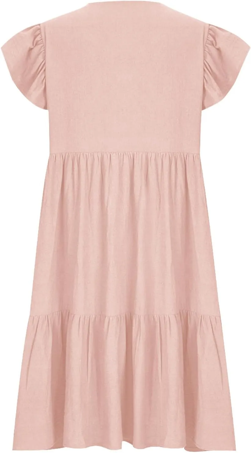 Women's Casual Summer Solid Dresses Short Sleeve Ruffle V Neck Tiered Loose Fitting Mini Dress Sundress
