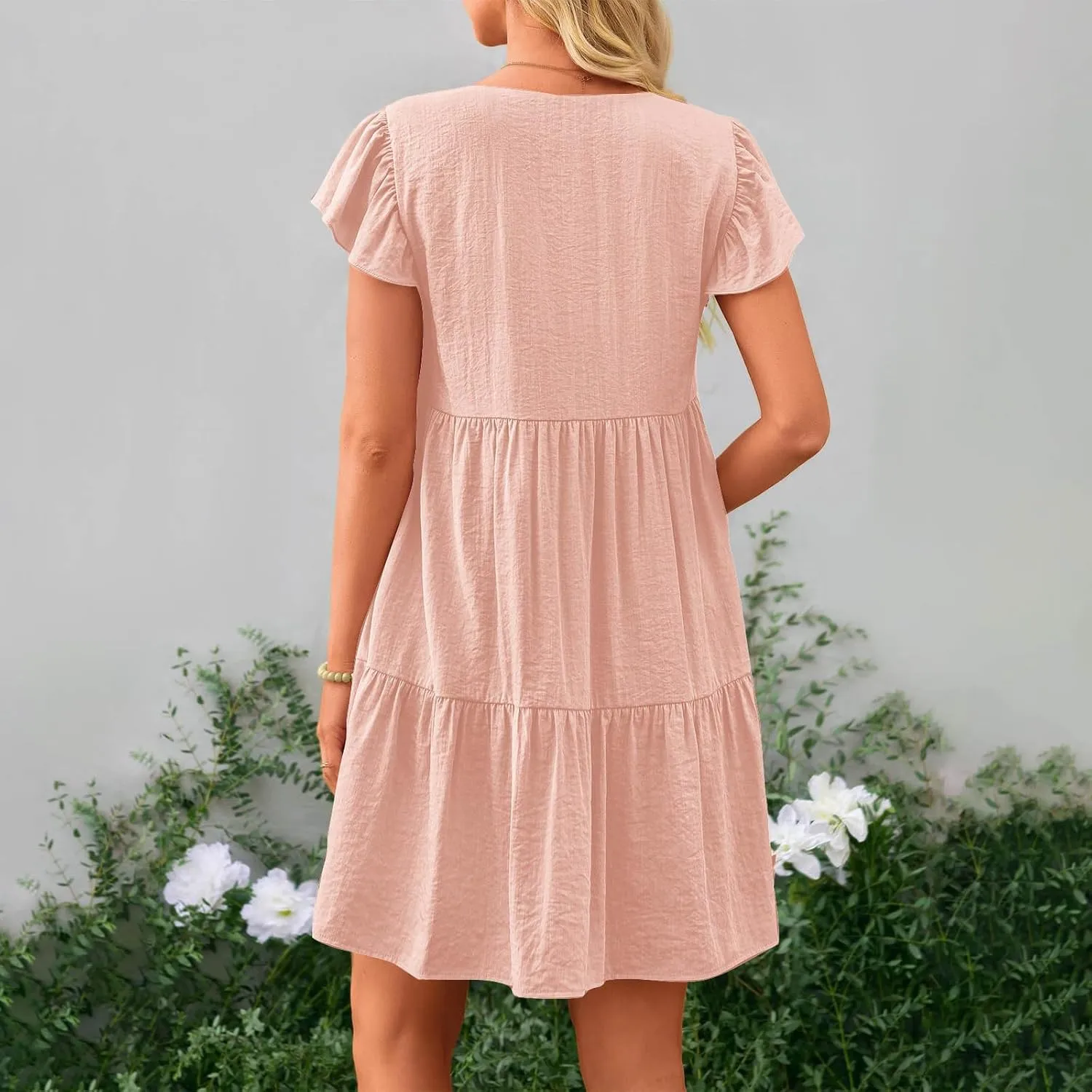 Women's Casual Summer Solid Dresses Short Sleeve Ruffle V Neck Tiered Loose Fitting Mini Dress Sundress