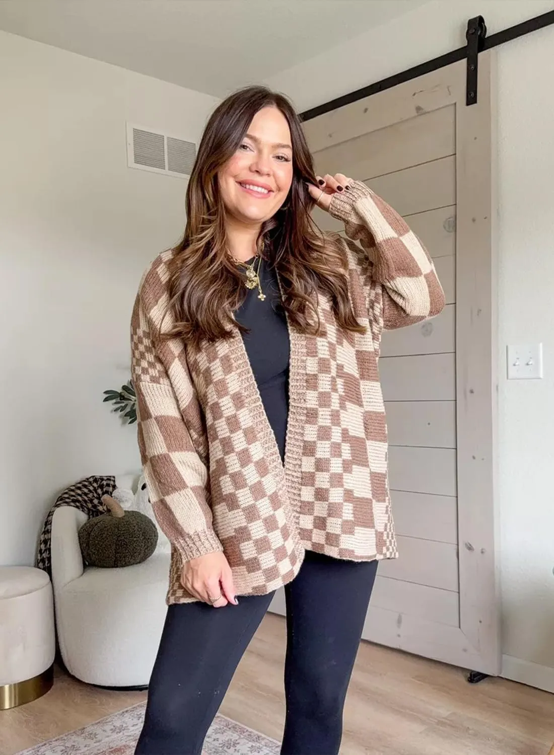 Womens Checkered Sweater Open Front Long Sleeve Color Block Plaid Cardigans Oversized Knit Coats