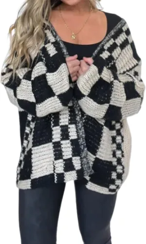 Womens Checkered Sweater Open Front Long Sleeve Color Block Plaid Cardigans Oversized Knit Coats