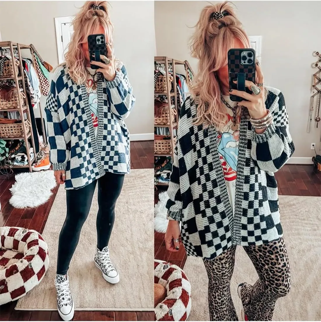 Womens Checkered Sweater Open Front Long Sleeve Color Block Plaid Cardigans Oversized Knit Coats