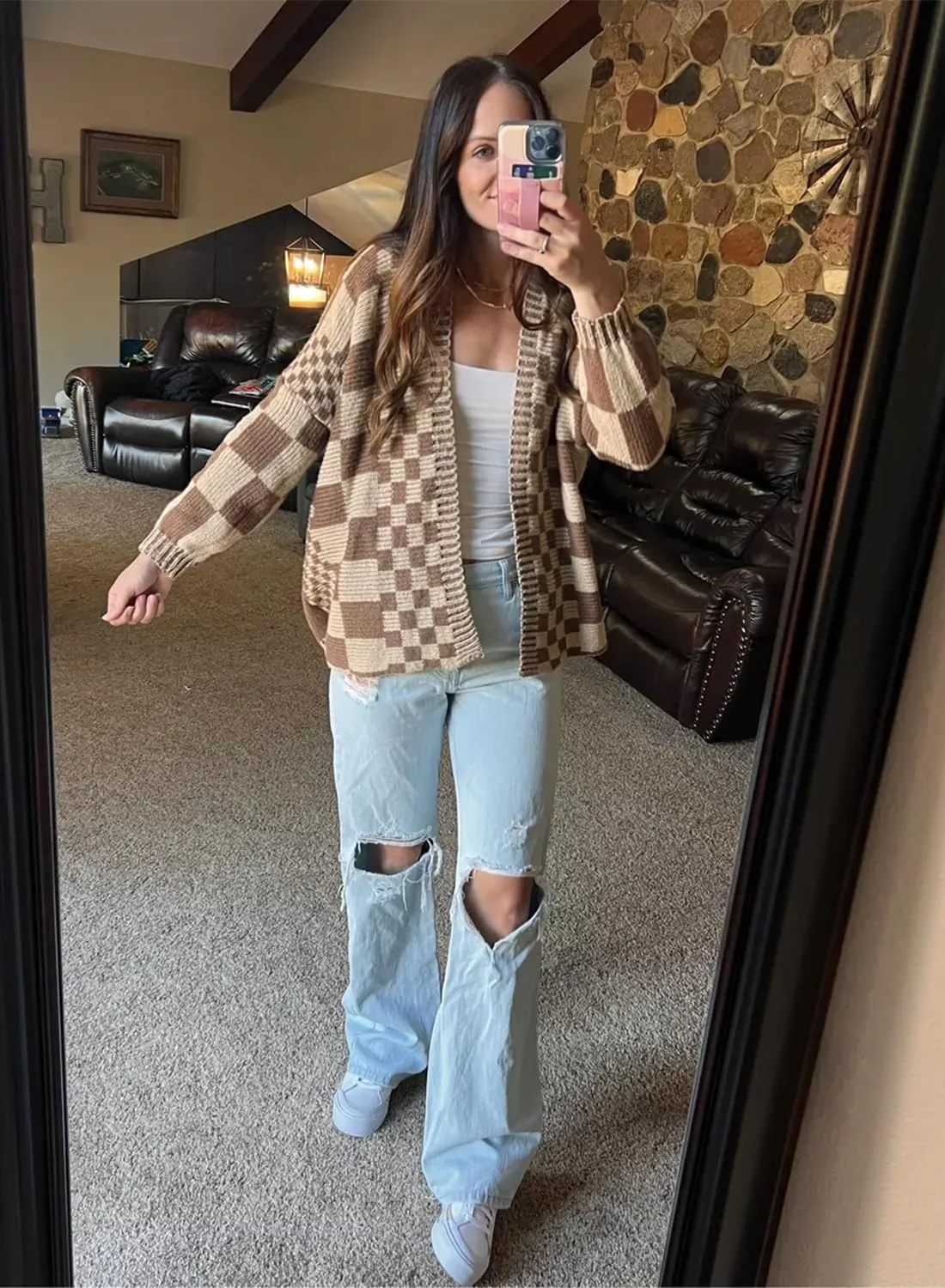 Womens Checkered Sweater Open Front Long Sleeve Color Block Plaid Cardigans Oversized Knit Coats