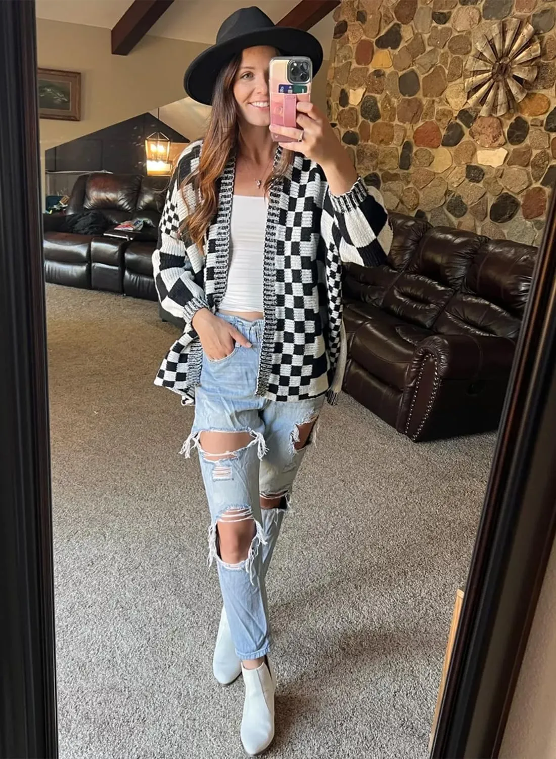 Womens Checkered Sweater Open Front Long Sleeve Color Block Plaid Cardigans Oversized Knit Coats