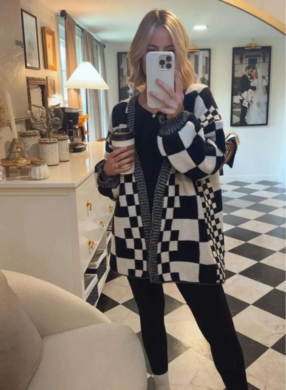 Womens Checkered Sweater Open Front Long Sleeve Color Block Plaid Cardigans Oversized Knit Coats
