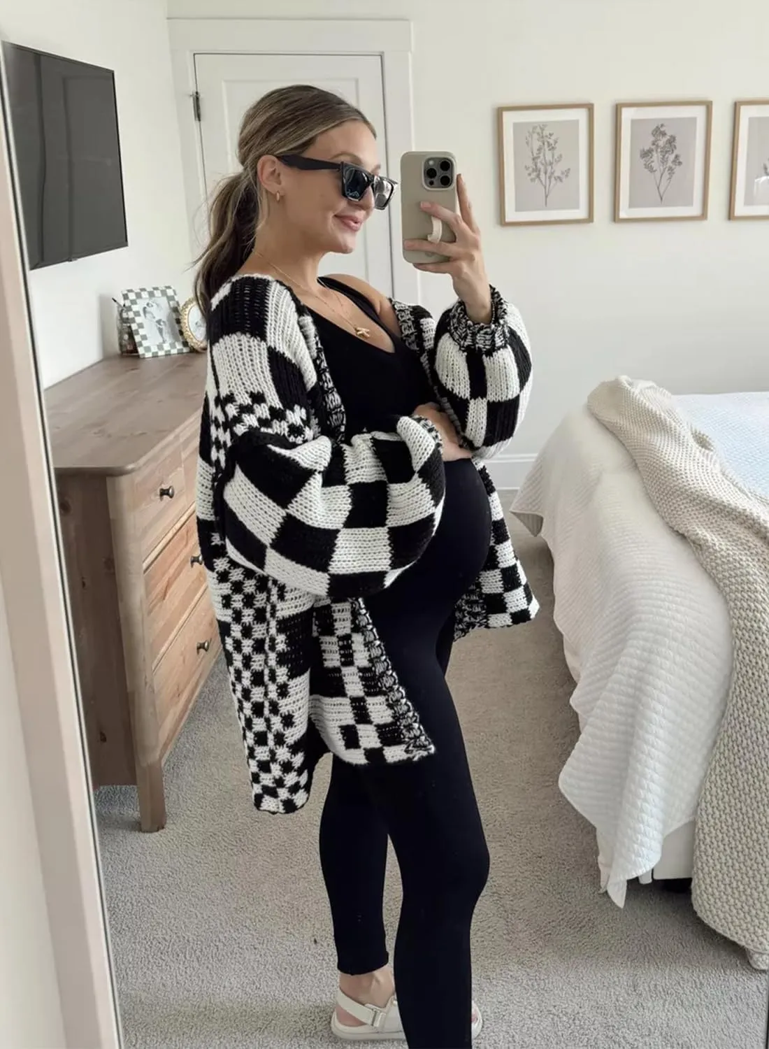 Womens Checkered Sweater Open Front Long Sleeve Color Block Plaid Cardigans Oversized Knit Coats