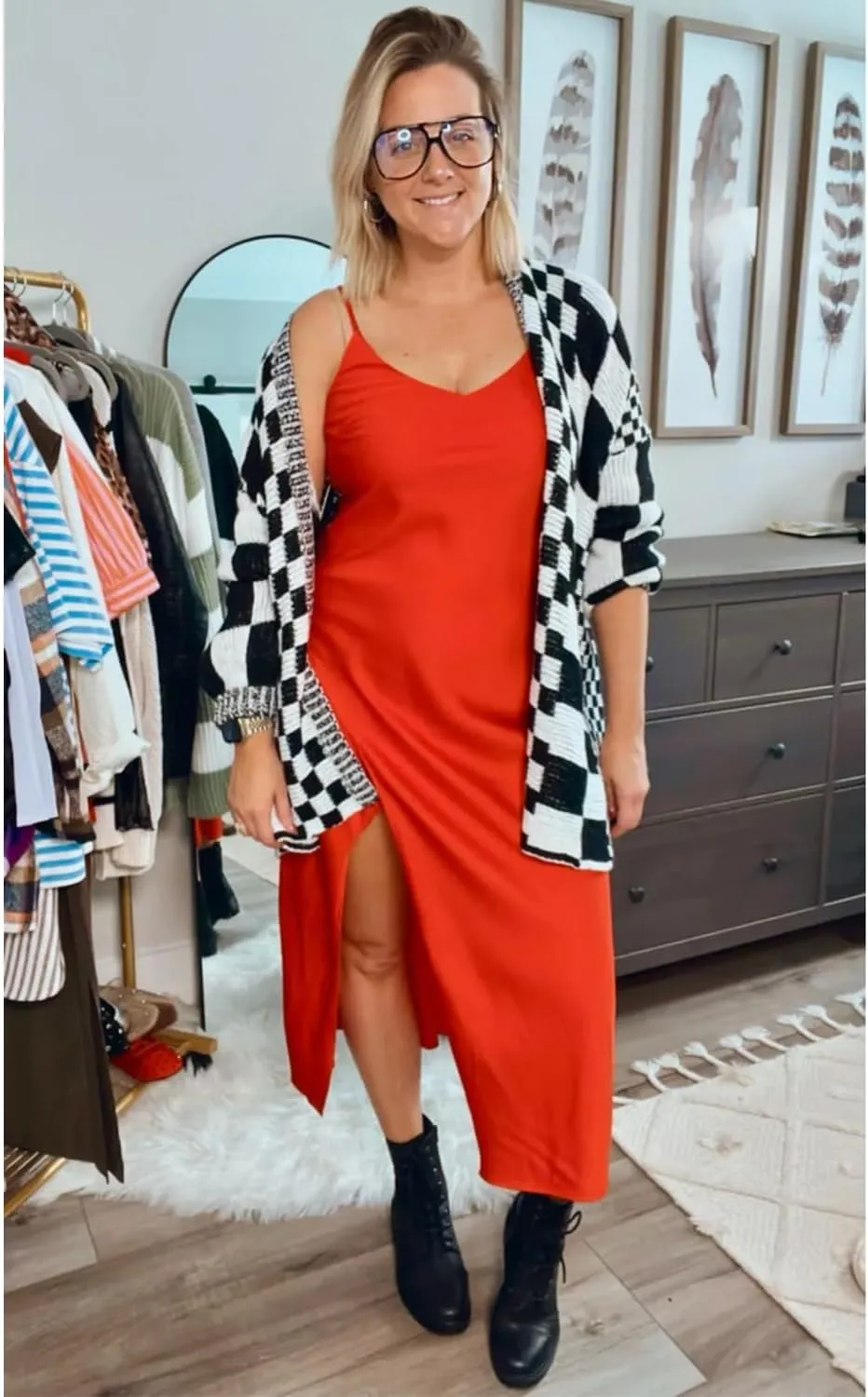 Womens Checkered Sweater Open Front Long Sleeve Color Block Plaid Cardigans Oversized Knit Coats
