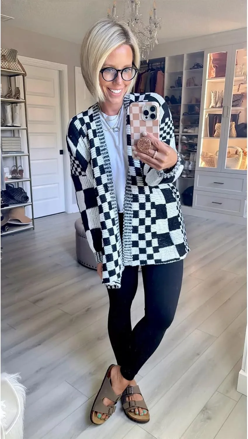 Womens Checkered Sweater Open Front Long Sleeve Color Block Plaid Cardigans Oversized Knit Coats