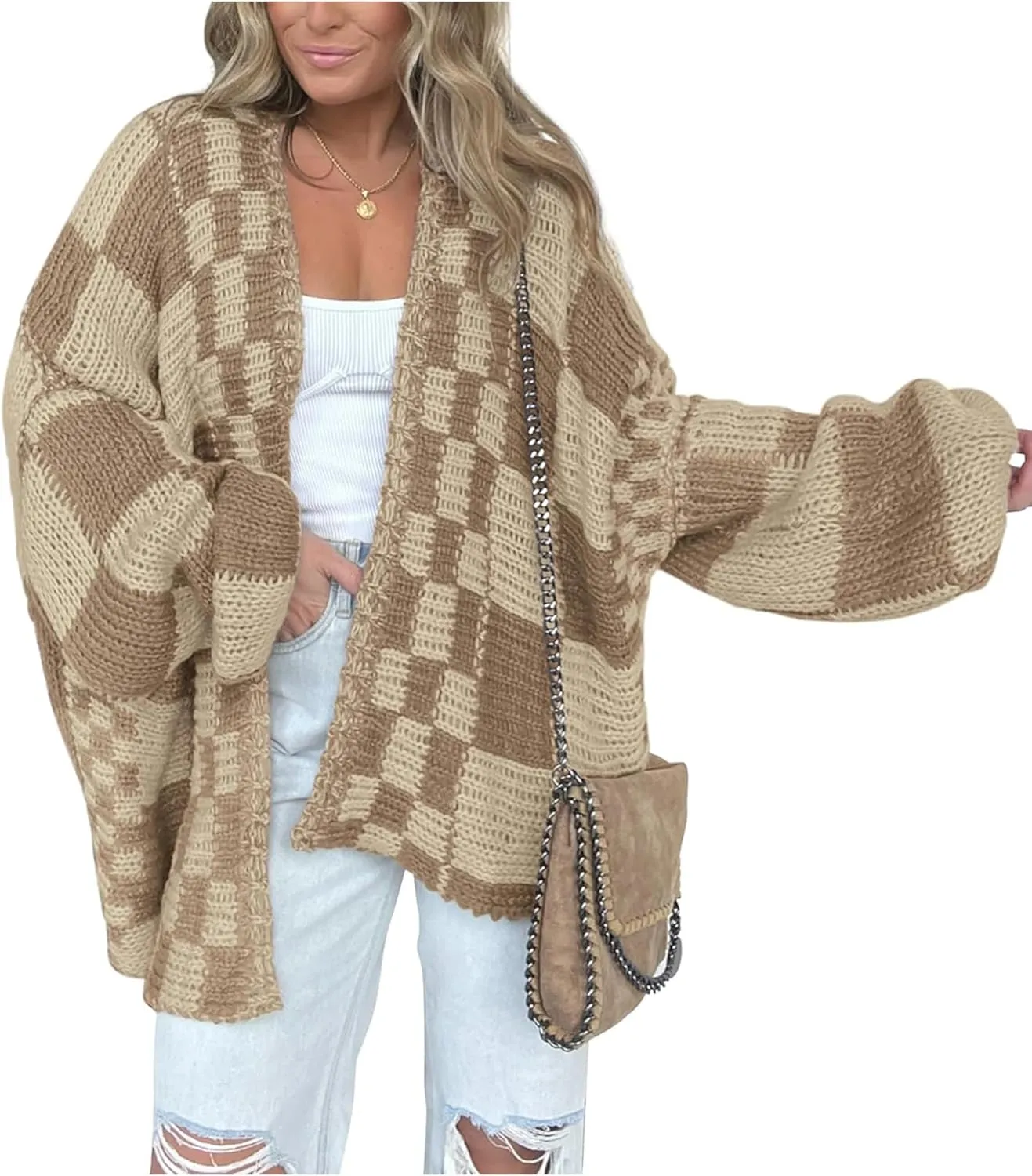 Womens Checkered Sweater Open Front Long Sleeve Color Block Plaid Cardigans Oversized Knit Coats