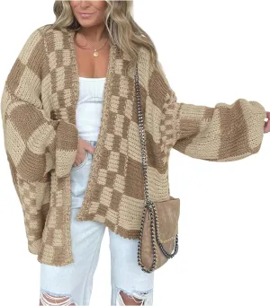 Womens Checkered Sweater Open Front Long Sleeve Color Block Plaid Cardigans Oversized Knit Coats
