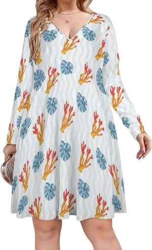 Womens Fall Dresses V Neck Long Sleeve Tropical Tshirt Dress Plus Size Loose Fit A-Line Midi Tunic Dress