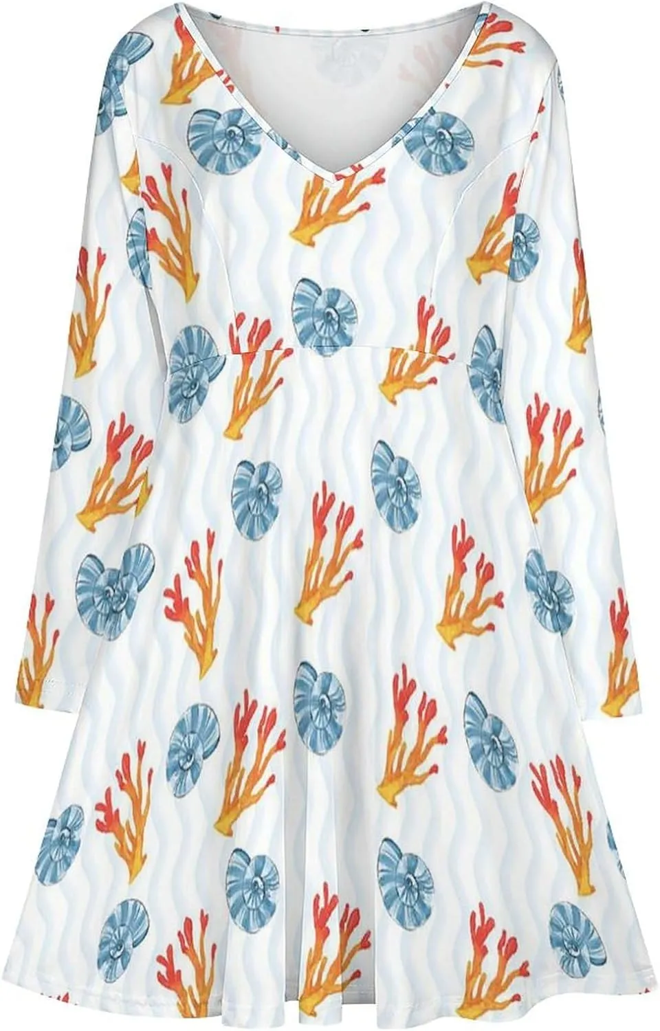 Womens Fall Dresses V Neck Long Sleeve Tropical Tshirt Dress Plus Size Loose Fit A-Line Midi Tunic Dress