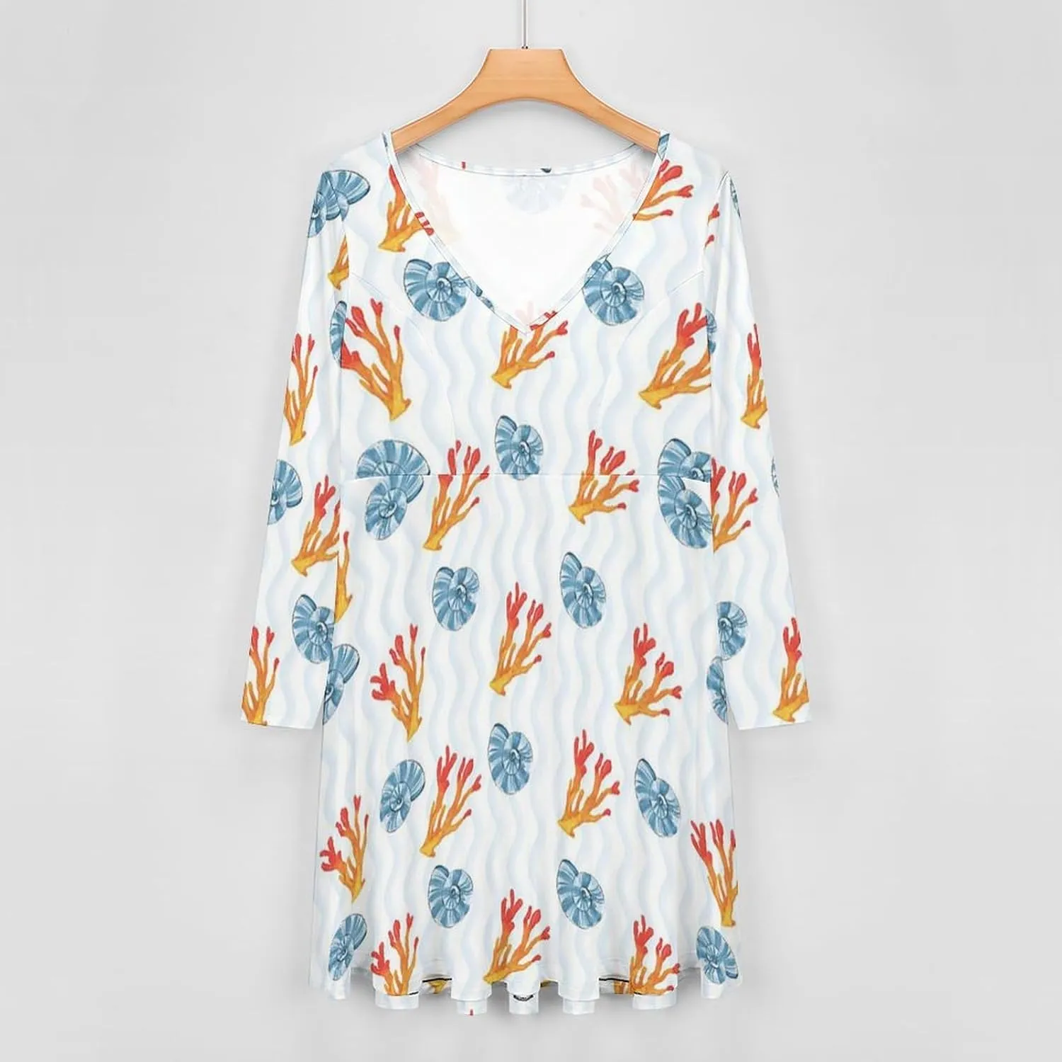 Womens Fall Dresses V Neck Long Sleeve Tropical Tshirt Dress Plus Size Loose Fit A-Line Midi Tunic Dress