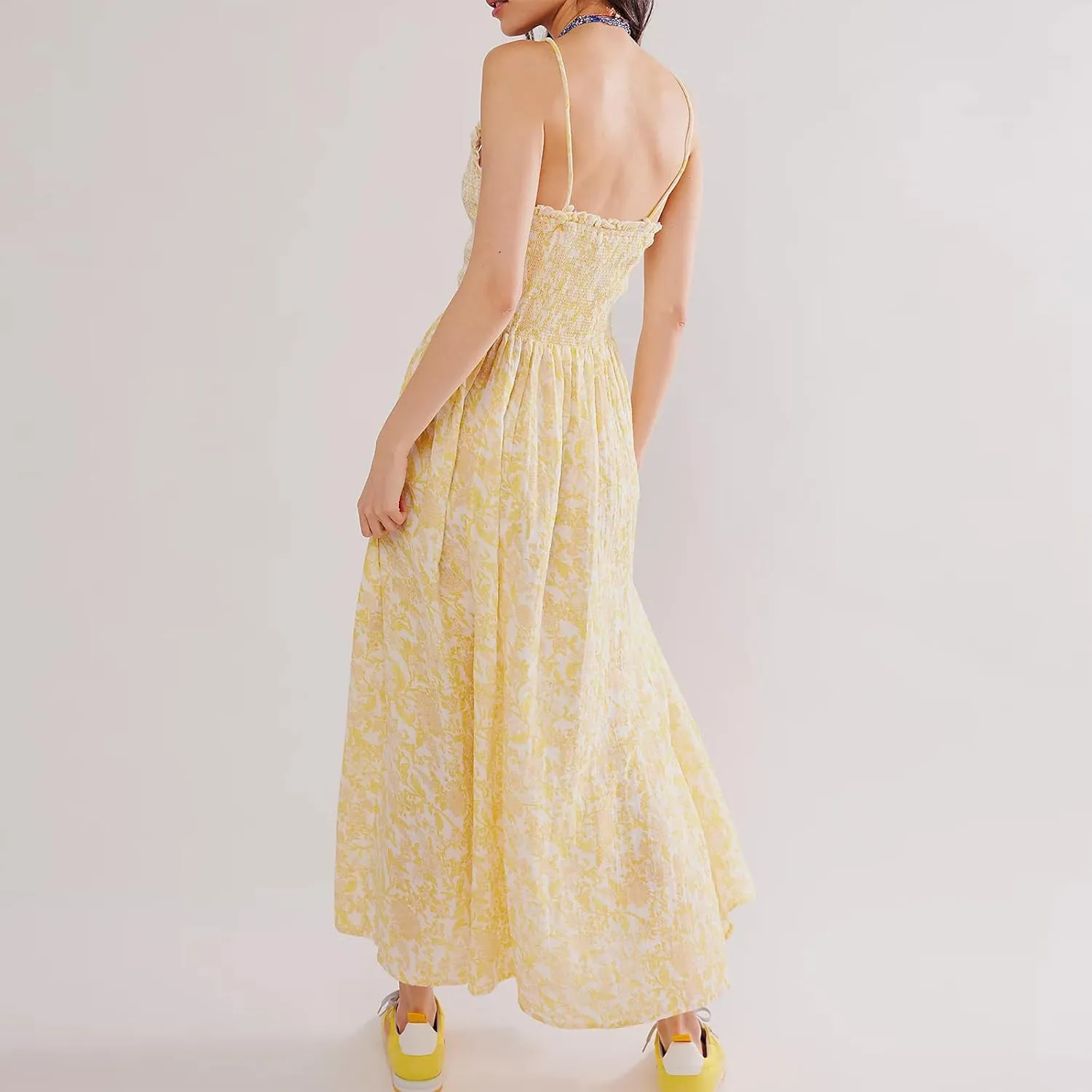 Women's Floral Maxi Beach Dress Summer Hollow Out Eyelet Embroidery Dress Flowy Boho Sundress Backless Long Dresses