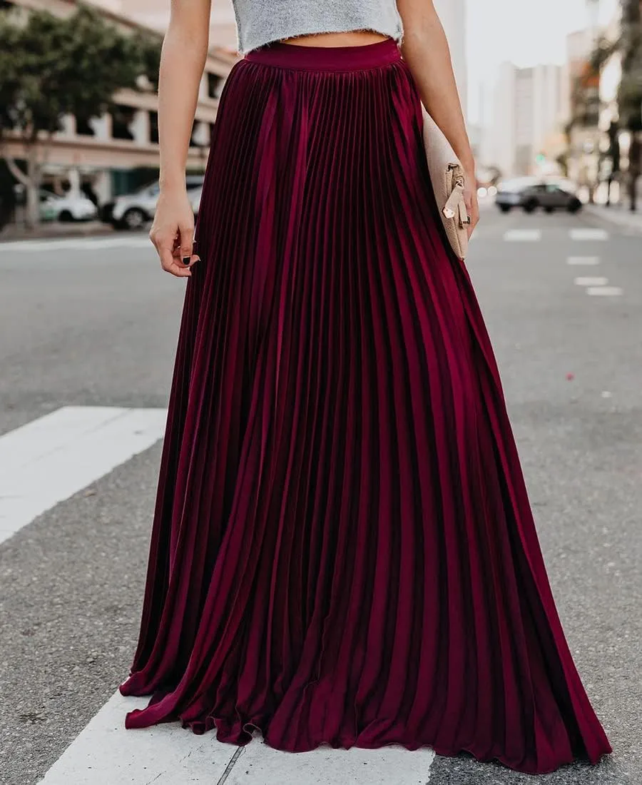 Women's High Elastic Waist Pleated Flowy Swing A-line Maxi Skirts