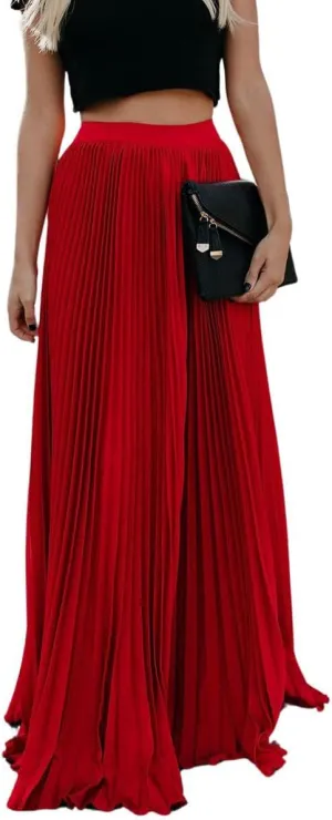Women's High Elastic Waist Pleated Flowy Swing A-line Maxi Skirts
