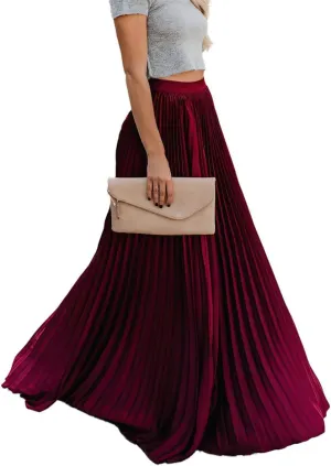 Women's High Elastic Waist Pleated Flowy Swing A-line Maxi Skirts