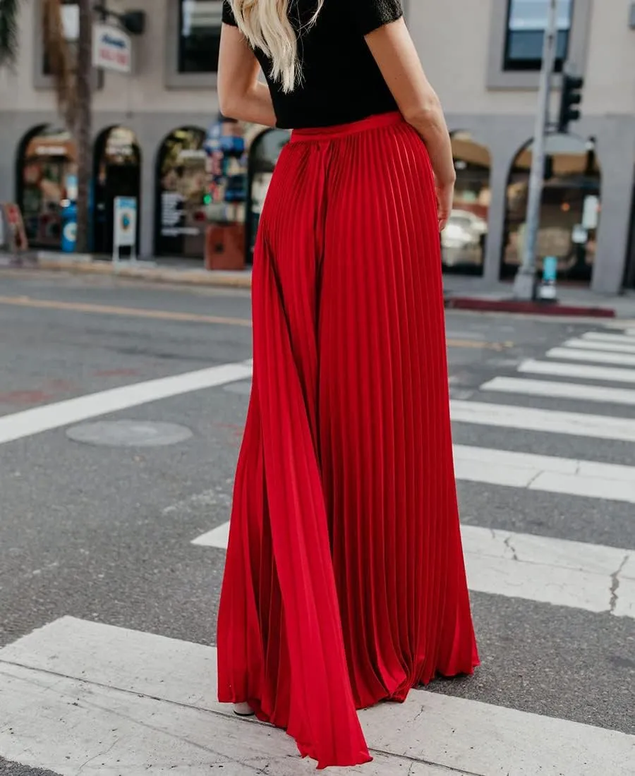 Women's High Elastic Waist Pleated Flowy Swing A-line Maxi Skirts