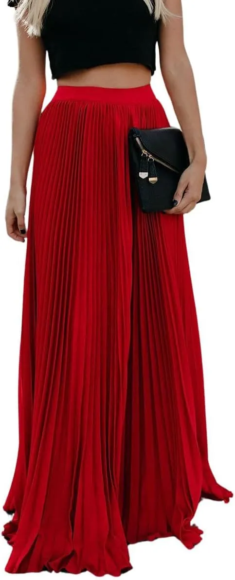 Women's High Elastic Waist Pleated Flowy Swing A-line Maxi Skirts