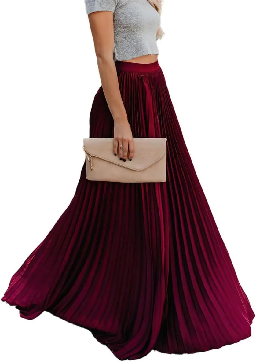 Women's High Elastic Waist Pleated Flowy Swing A-line Maxi Skirts