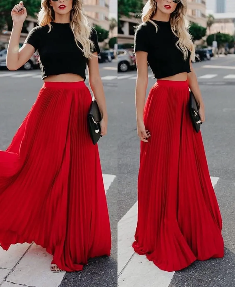 Women's High Elastic Waist Pleated Flowy Swing A-line Maxi Skirts