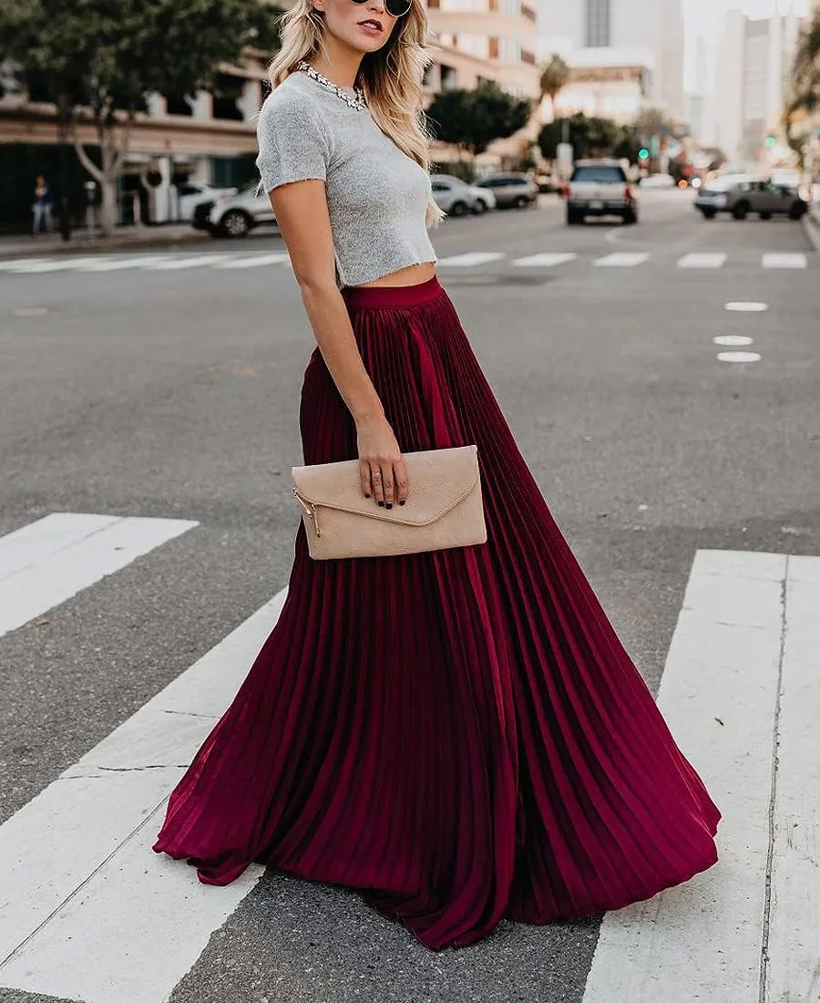 Women's High Elastic Waist Pleated Flowy Swing A-line Maxi Skirts