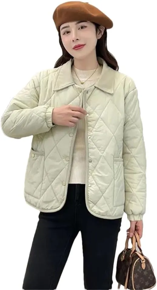 Women's Light Parkas Coat Lapel Loose Jacket Contrast Warm Cotton Padded Coat Short Overcoat aqua XXL
