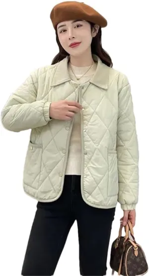 Women's Light Parkas Coat Lapel Loose Jacket Contrast Warm Cotton Padded Coat Short Overcoat aqua XXL