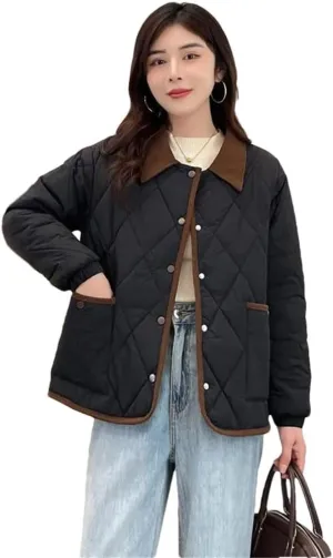 Women's Light Parkas Coat Lapel Loose Jacket Contrast Warm Cotton Padded Coat Short Overcoat black M
