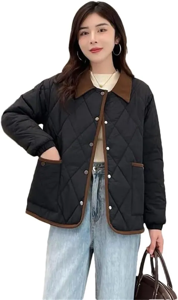 Women's Light Parkas Coat Lapel Loose Jacket Contrast Warm Cotton Padded Coat Short Overcoat black XL