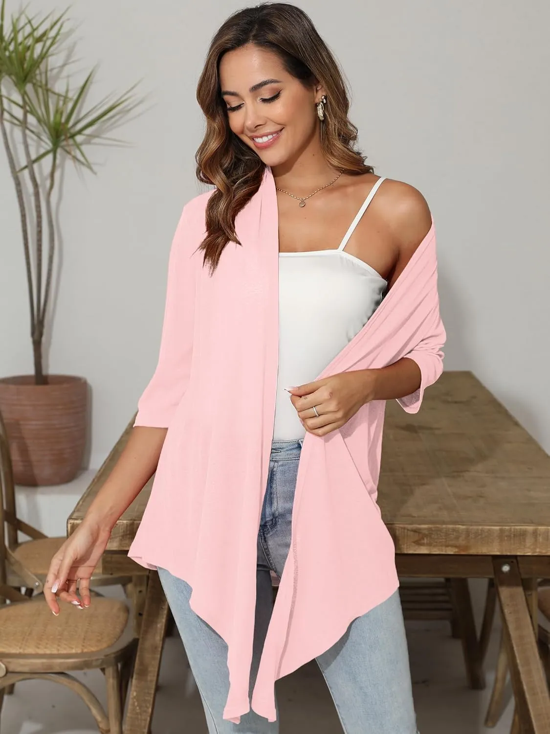Women's Lightweight Open Front Cardigans 3/4 Sleeve Casual Soft Sheer Cardigan S-3XL