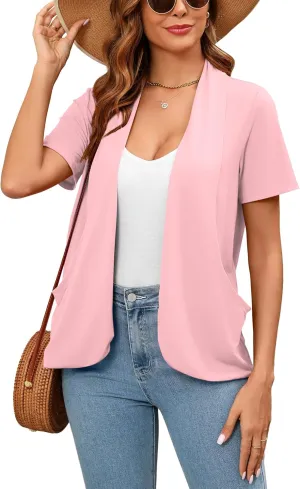 Women's Lightweight Open Front Cardigans Short Sleeve Casual Soft Summer Cardigan With Pockets S-2XL