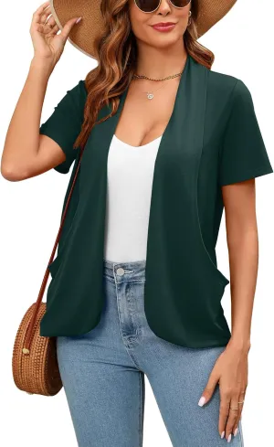 Women's Lightweight Open Front Cardigans Short Sleeve Casual Soft Summer Cardigan With Pockets S-2XL
