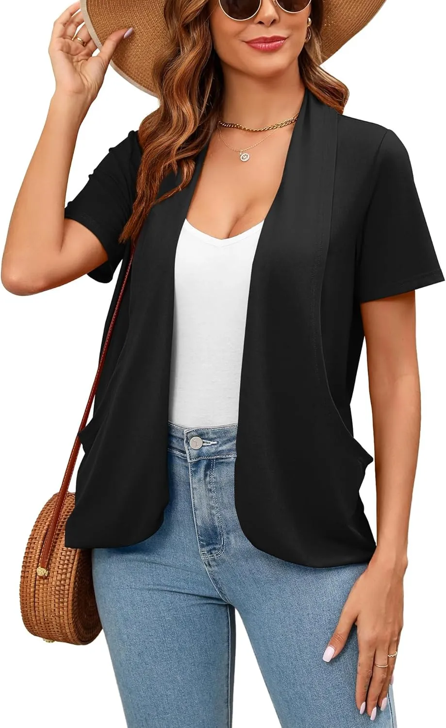 Women's Lightweight Open Front Cardigans Short Sleeve Casual Soft Summer Cardigan With Pockets S-2XL