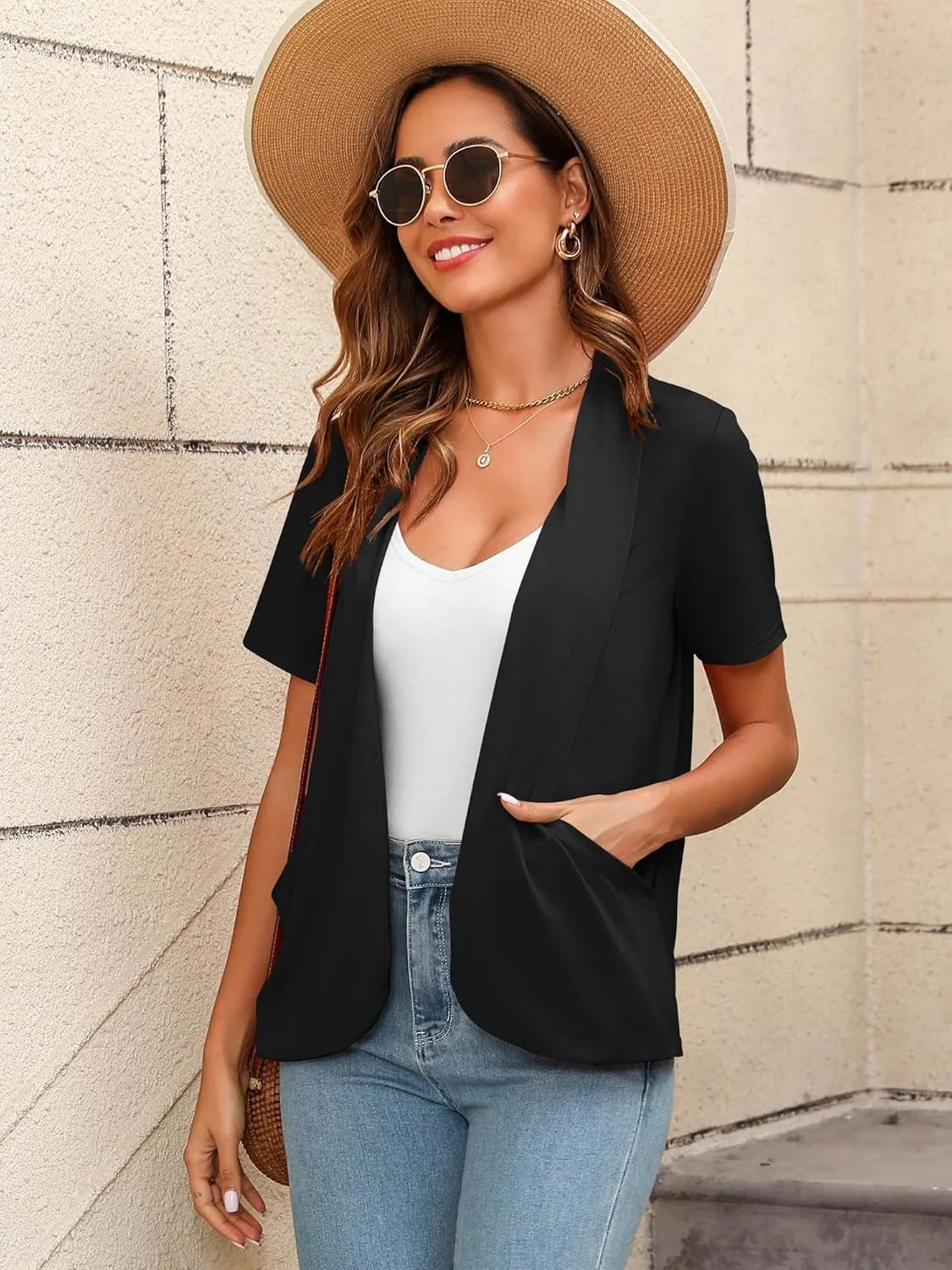 Women's Lightweight Open Front Cardigans Short Sleeve Casual Soft Summer Cardigan With Pockets S-2XL