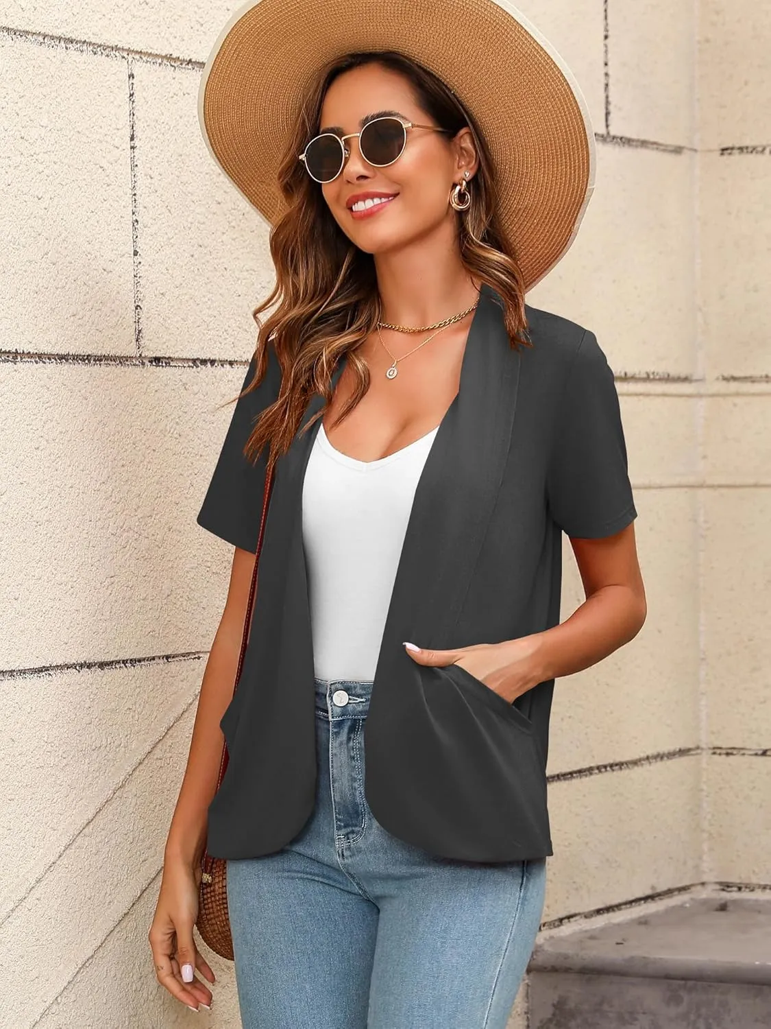 Women's Lightweight Open Front Cardigans Short Sleeve Casual Soft Summer Cardigan With Pockets S-2XL