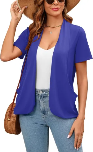 Women's Lightweight Open Front Cardigans Short Sleeve Casual Soft Summer Cardigan With Pockets S-2XL