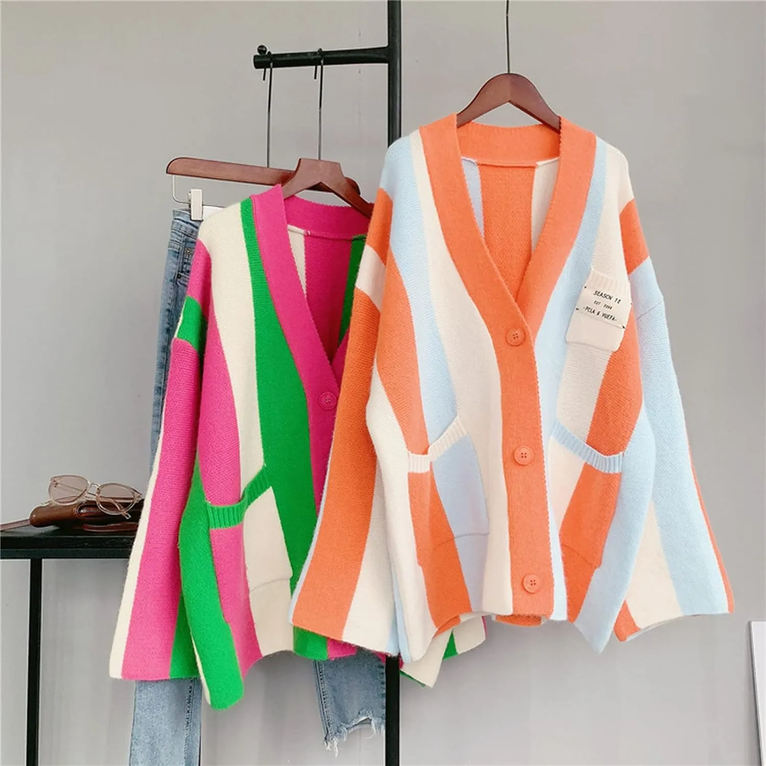 Womens Long Sleeve Cable Knitted Color Block Boho Striped Sweater Cardigans for Early Spring,Fall or Winter