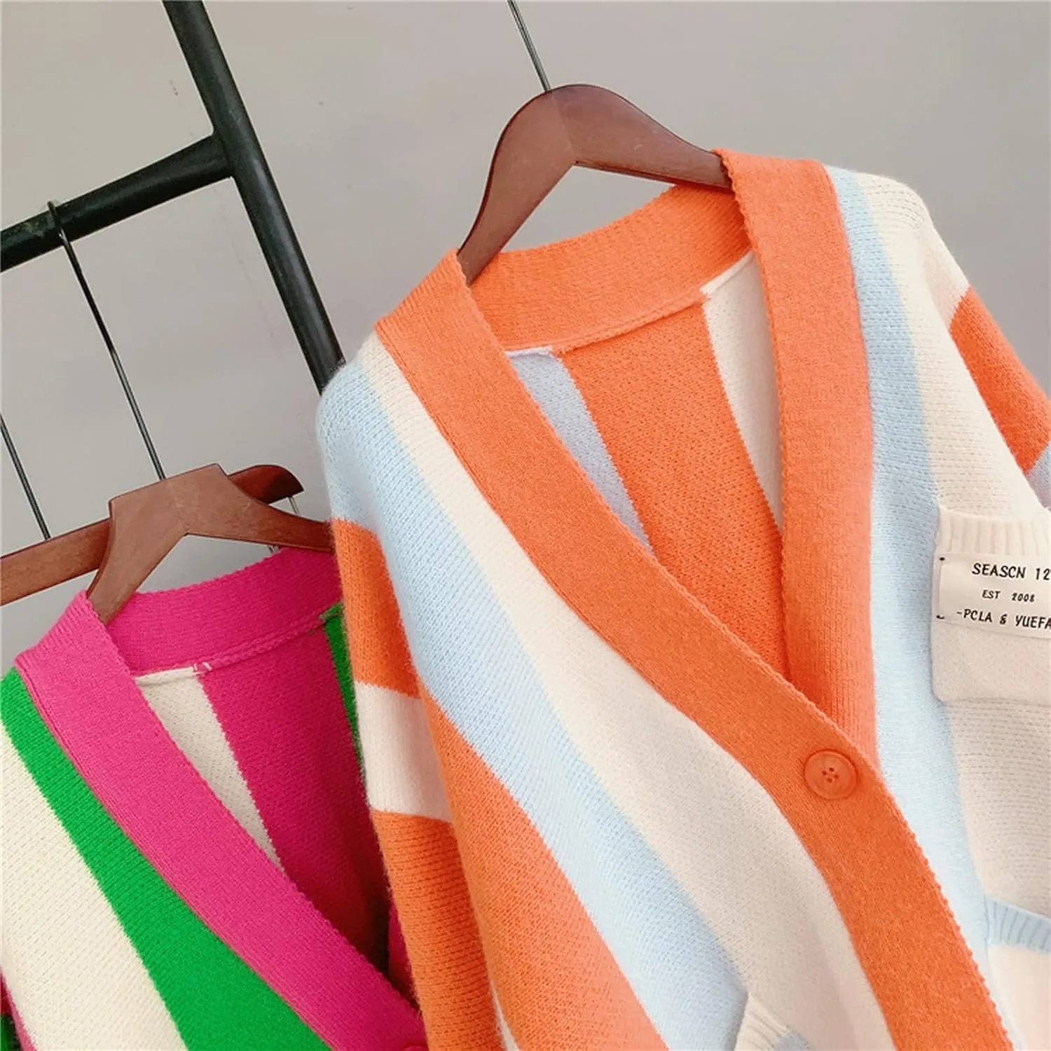Womens Long Sleeve Cable Knitted Color Block Boho Striped Sweater Cardigans for Early Spring,Fall or Winter