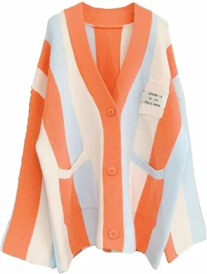 Womens Long Sleeve Cable Knitted Color Block Boho Striped Sweater Cardigans for Early Spring,Fall or Winter