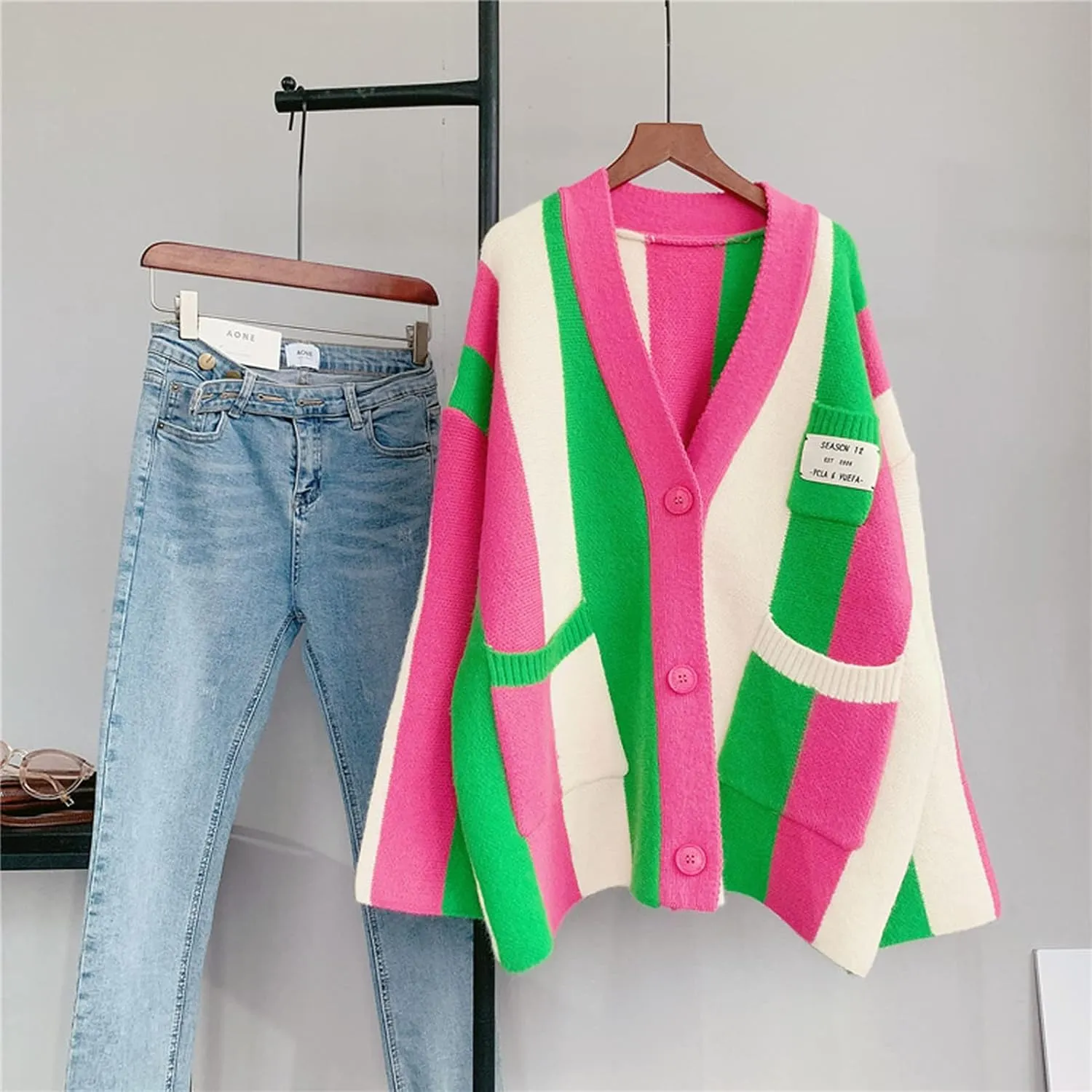 Womens Long Sleeve Cable Knitted Color Block Boho Striped Sweater Cardigans for Early Spring,Fall or Winter