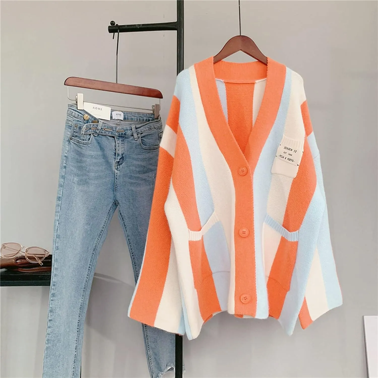 Womens Long Sleeve Cable Knitted Color Block Boho Striped Sweater Cardigans for Early Spring,Fall or Winter