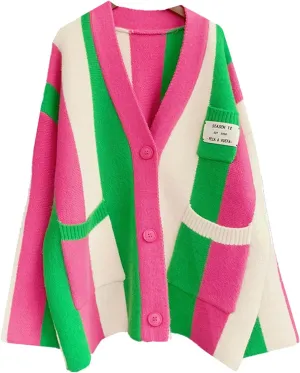 Womens Long Sleeve Cable Knitted Color Block Boho Striped Sweater Cardigans for Early Spring,Fall or Winter