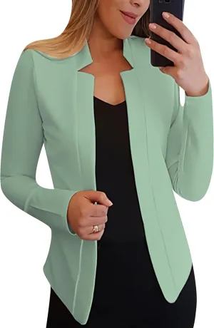 Women's Open Front Work Blazer Business Long Sleeve Jackets Solid Color Office Short Cardigans