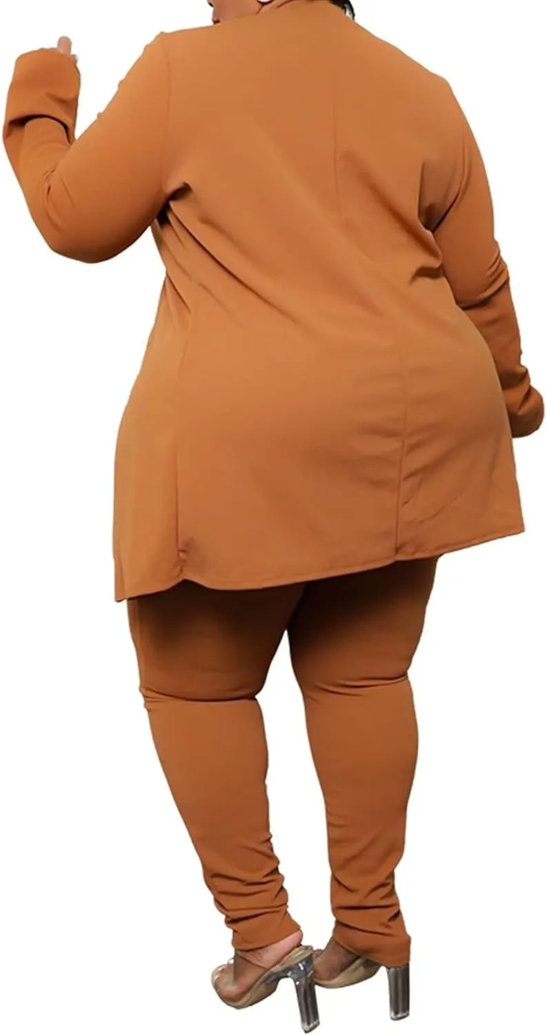 Women's Plus SizeTwo Piece Open Front Long Sleeve Blazer and Elastic Waist Solid Pant Set Suit