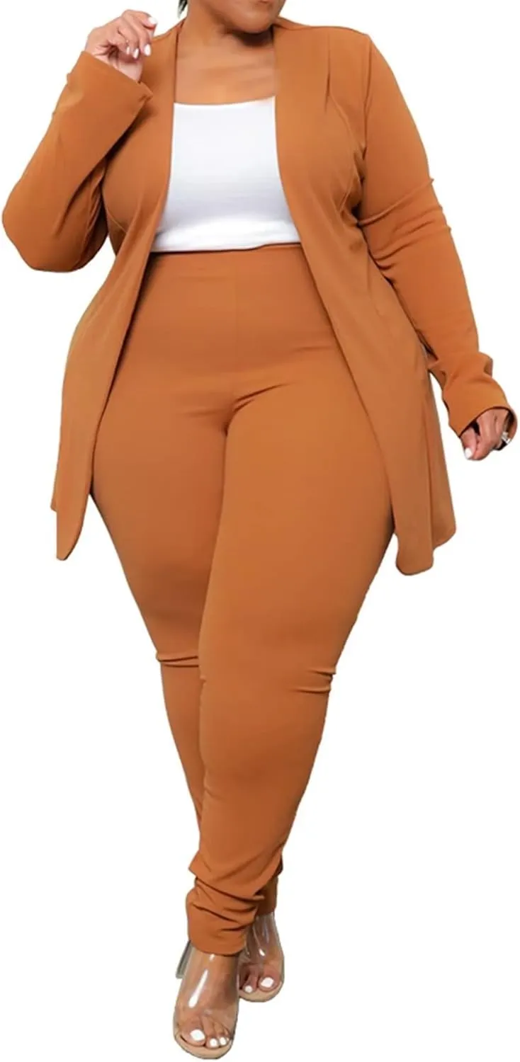 Women's Plus SizeTwo Piece Open Front Long Sleeve Blazer and Elastic Waist Solid Pant Set Suit