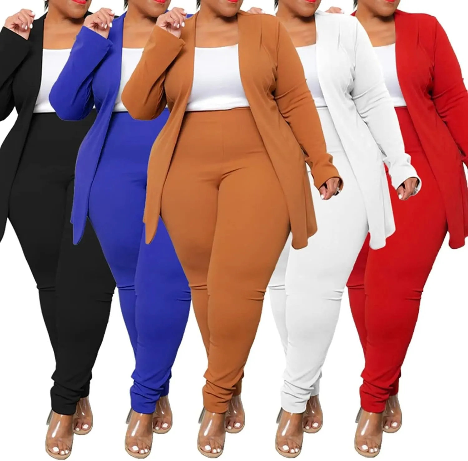 Women's Plus SizeTwo Piece Open Front Long Sleeve Blazer and Elastic Waist Solid Pant Set Suit