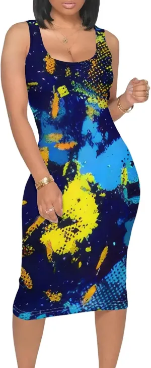 Women's Print Midi Dress Sleeveless Club Outfits Bodycon Summer Tank Dresses Casual Plus Size Dresses
