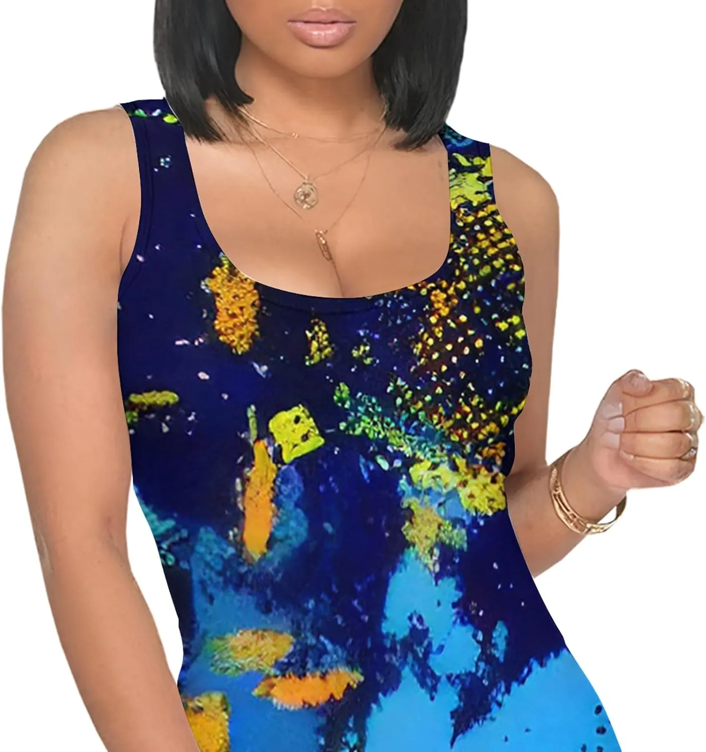 Women's Print Midi Dress Sleeveless Club Outfits Bodycon Summer Tank Dresses Casual Plus Size Dresses
