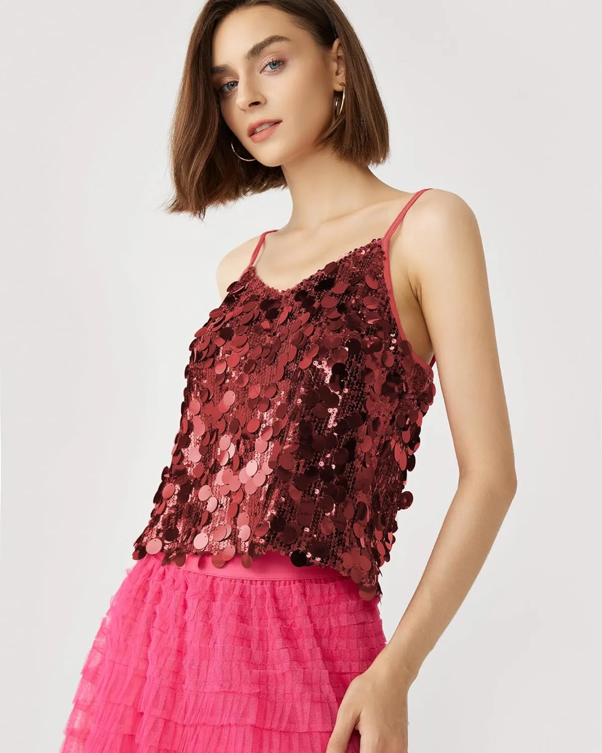 Women's Sequin Tops - V-Neck Sparkle Tank Tops - Spaghetti Strap Shimmer Camisole Party Club Cocktail Cami