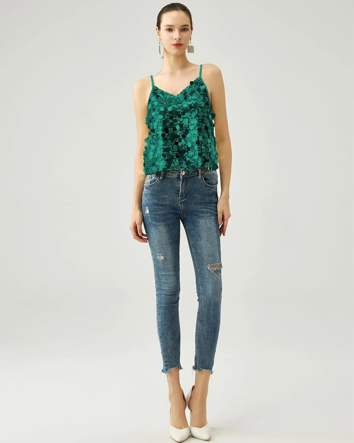 Women's Sequin Tops - V-Neck Sparkle Tank Tops - Spaghetti Strap Shimmer Camisole Party Club Cocktail Cami